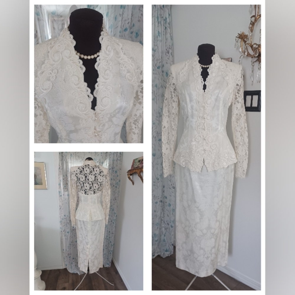 Vintage 80s Scott McClintock Bridal Bride Skirt Suit Victorian Jacquard Floral